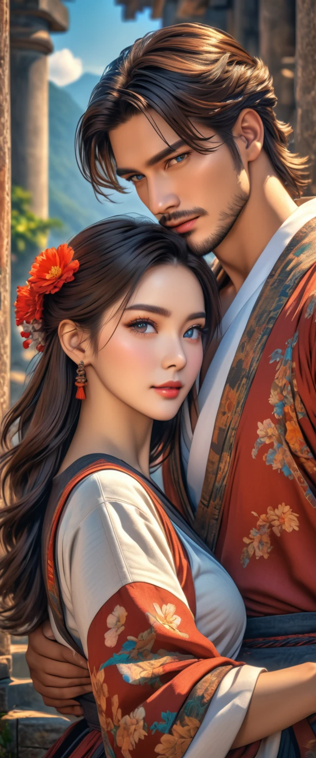 Masterpiece, HDR, 8K, couple of man and woman, handsome and pretty, aesthetic pose, ancient vibes, close up.