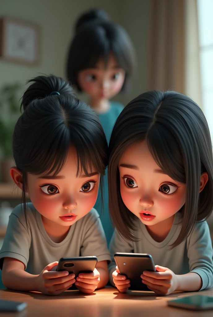 two Indonesian sisters. all are agers. Both are busy with their gadget. Their mother, short hair, nearby look upset and angry, Detailed realistic caricature 3D,