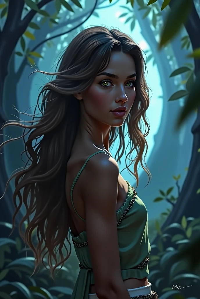 Create an image of a girl standing in a dark black forest. Her brown skin shines subtly under the soft blue light that filters through the leaves.. Her brown hair, long and wavy, cascades over her shoulders to her waist, gently moving in the breeze. Her brown eyes reflect a sparkle of curiosity and courage.. In the background a portal is created that seems mystical with the trees