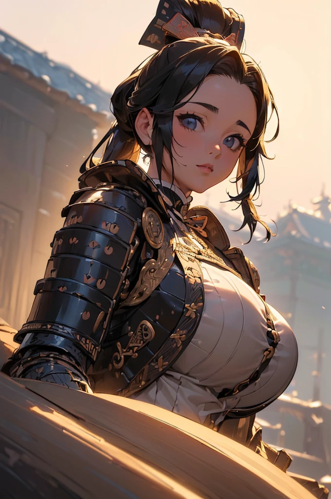 ((((High resolution, Intricate details, masterpiece, 8k, from front)))), (((beautiful, samurai, armor))), ((In the town, One Woman, Big Breasts, Large Breasts, Huge Saggy Tits)), (Black Hair, Beautiful forehead, Long Hair, ponytail, Big ribbon, Glowing Skin), from front, looking at viewer, look at viewer, pub, bright,