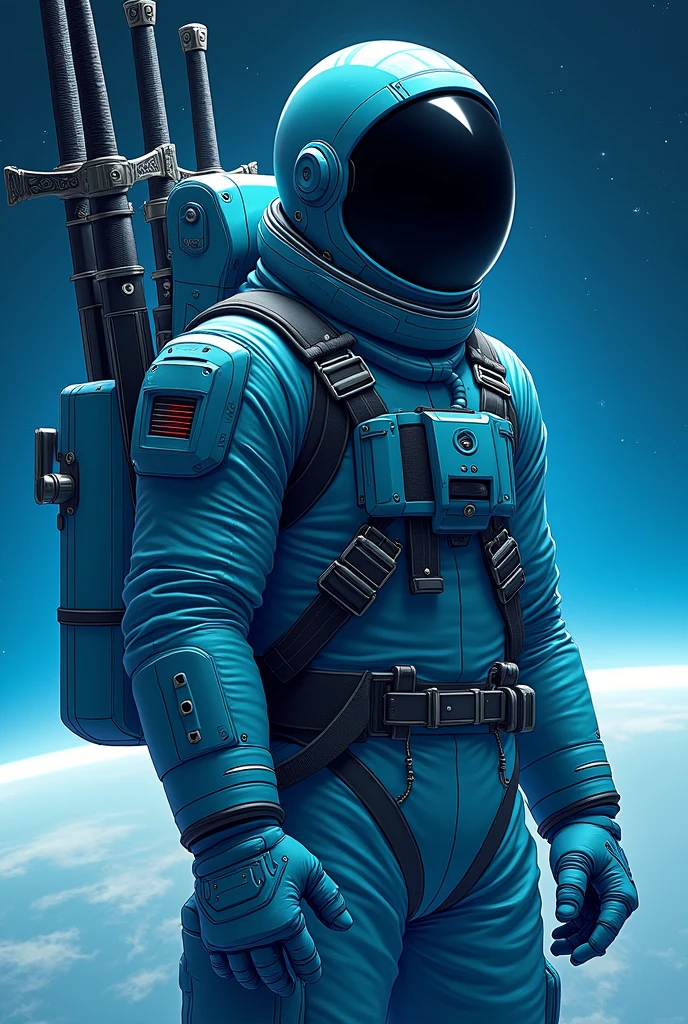 cyan colored male astronaut in a black helmet with ten sword on his back with a space background with anime style
