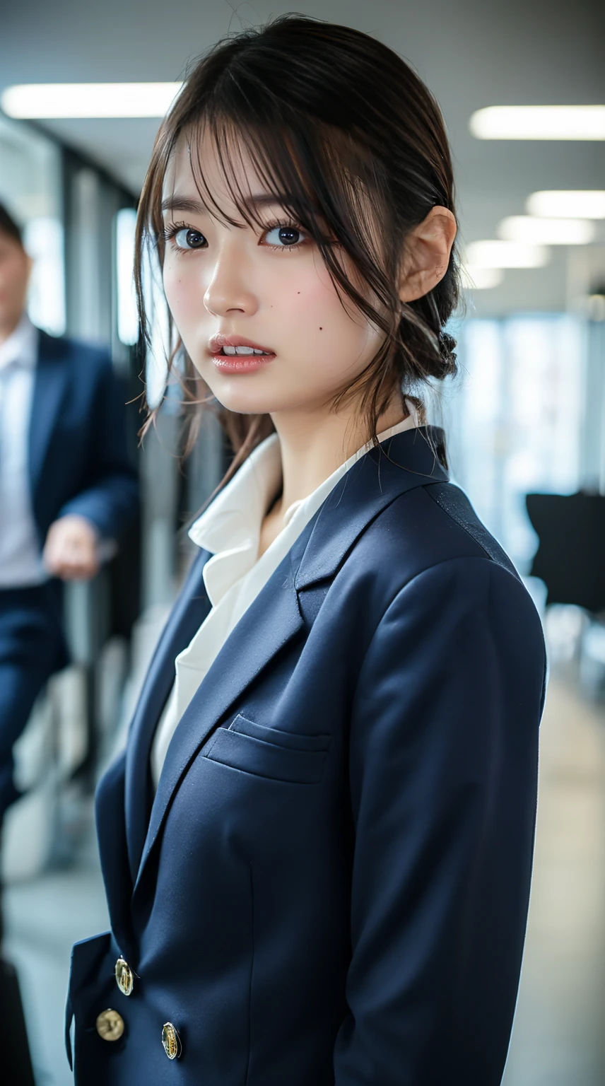 (masutepiece,High quality:1.3),(depth of fields:1.3) ,((front body:1.35)), Japanese ,beautiful woman,Chignon,Black business suit,collared shirt, business skirt,Huge breasts,(Looking at Viewer:1.3),(Full body:1.1),office
