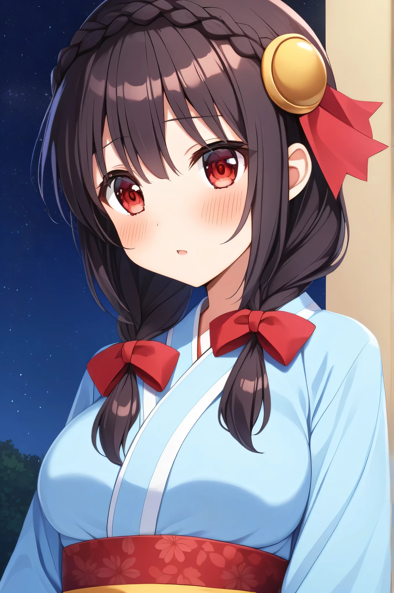 alone, One Girl、A crown braid the color of her hair, hair ornaments, Hair Ribbon,(Pale blue kimono with red floral pattern and red obi.)、Red eyes、Black Hair、(blush:1.5)、My breasts are a little large、Starry Sky、The eyes shine red