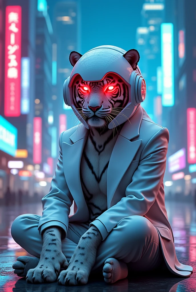 Tiger in white glossy cyborg helmet and white blazzer with red glowing eyes, sitting in cyberpunk neon city blue and pink lights