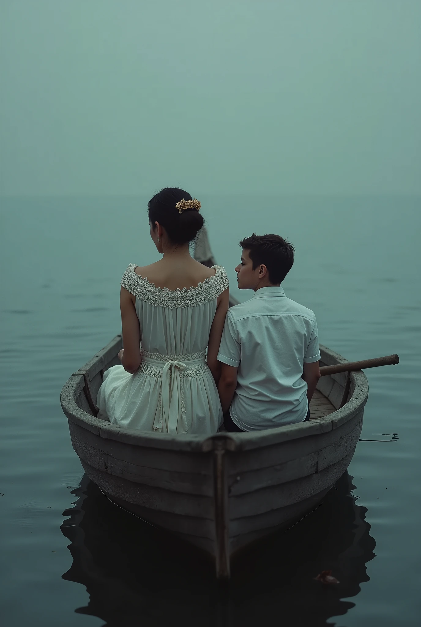 (Meilleure qualité, haute résolution : femme , chemisier en dentelle, assise les jambes croisées dans un bateau en bois avec son fils, éclairage sombre et maussade (mise au point lointaine : 1,6), plan d'ensemble, regardant le spectateur
