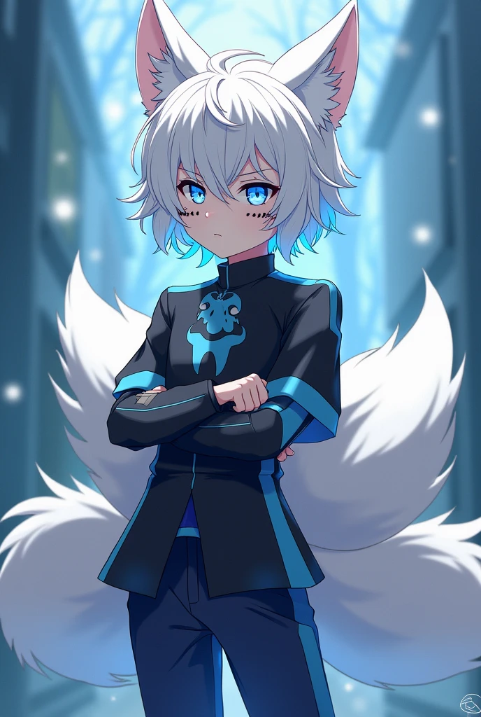 He is a boy, that looks like a fox hybrid , has a dominant appearance , Her hair is white and has few curls. , She has light blue strands in her hair , Her eyes are a pastel blue color. The clothing is a black shirt with light blue , his navy blue pants. He has a calm look. That it has a theme of the anime my Hero academy. It has two furry fox tails on the back and also has light blue locks..He has black cat-like markings on his face.. Half of his legs and arms from the elbow down are wolf fur.. It has a medium size.