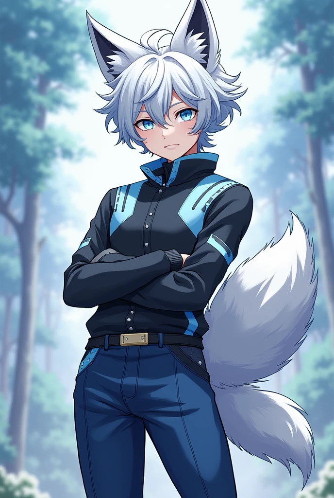 He is a boy, that looks like a fox hybrid , has a dominant appearance , Her hair is white and has few curls. , She has light blue strands in her hair , Her eyes are a pastel blue color. The clothing is a black shirt with light blue , his navy blue pants. He has a calm look. That it has a theme of the anime my Hero academy. It has two furry fox tails on the back and also has light blue locks..He has black cat-like markings on his face.. Half of his legs and arms from the elbow down are wolf fur.. It has a medium size.