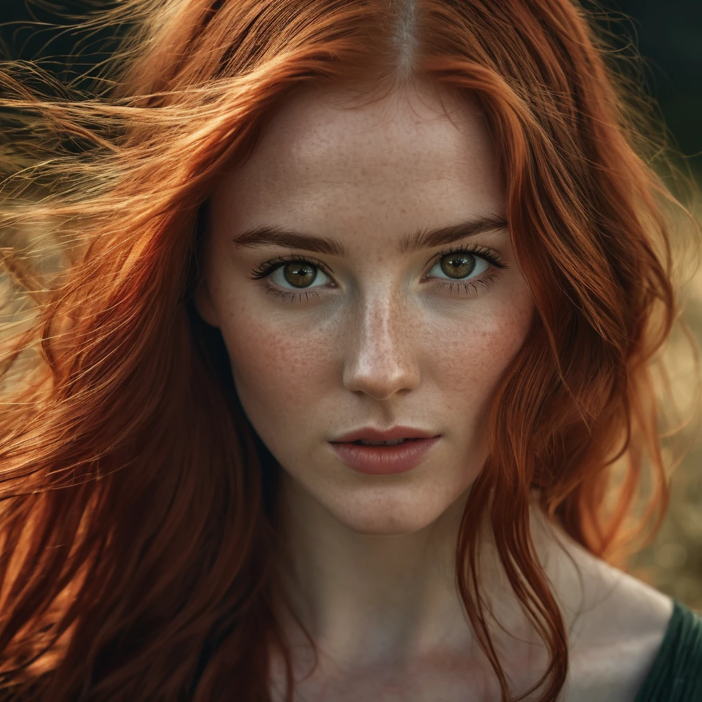 Close-up photo of a beautiful Irish girl, adorable face, red long layered hair, no makeup, realistic skin texture, low saturation, dark tone, inspired by Alessio Albi, f1.4, 85mm lens, hyper realistic ,lifelike texture, dramatic lighting, professional shot, heavy shadows, dynamic pose, innocent look