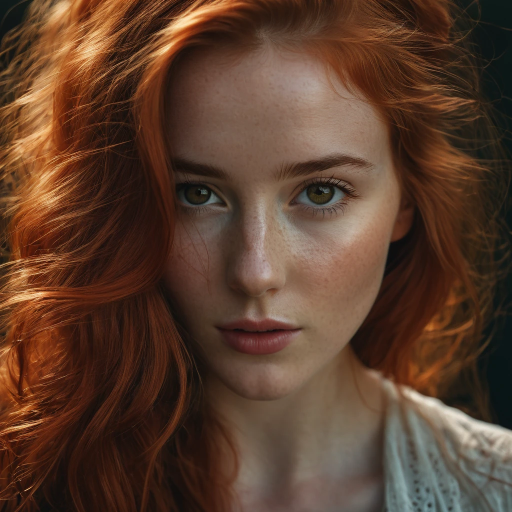 Close-up photo of a beautiful Irish girl, adorable face, red long layered hair, no makeup, realistic skin texture, low saturation, dark tone, inspired by Alessio Albi, f1.4, 85mm lens, hyper realistic ,lifelike texture, dramatic lighting, professional shot, heavy shadows, dynamic pose, innocent look