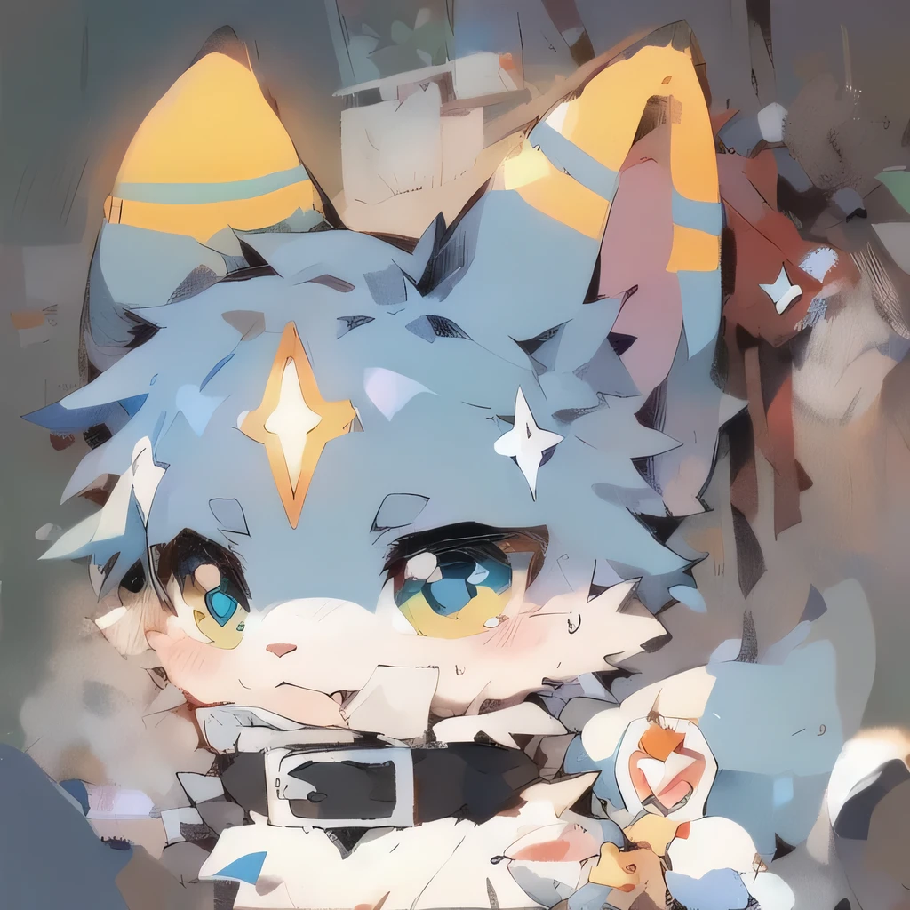 Little Fox,Blue hair,pupil,Pattern,There is a four-pointed star symbol on the forehead,cute