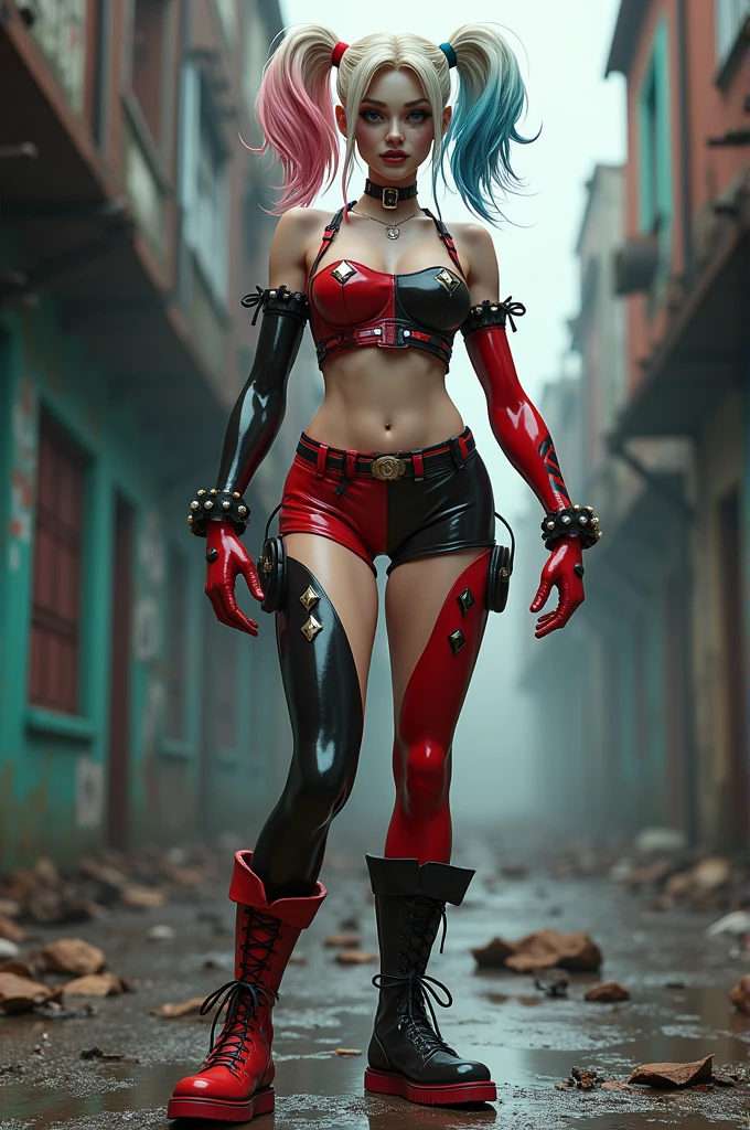 Full body shot. Not safe for work, full body potrait of a photorealistic Harley Quinn, ultra detailed shot, full body potrait