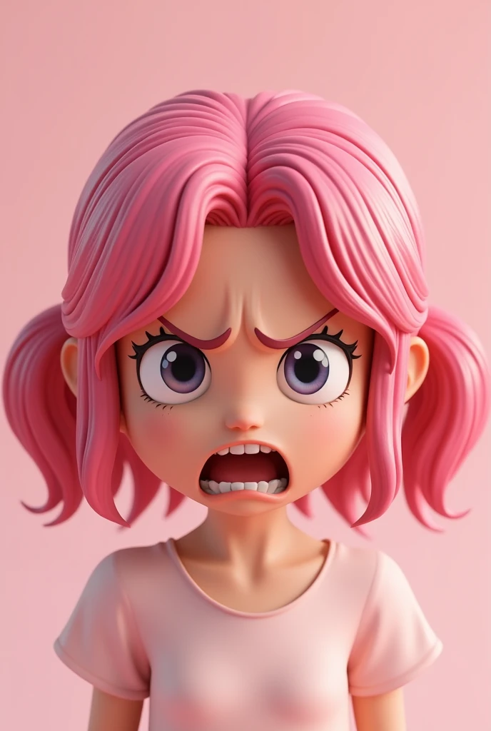 The same pink haired girl cartoon makes an angry 3D face.