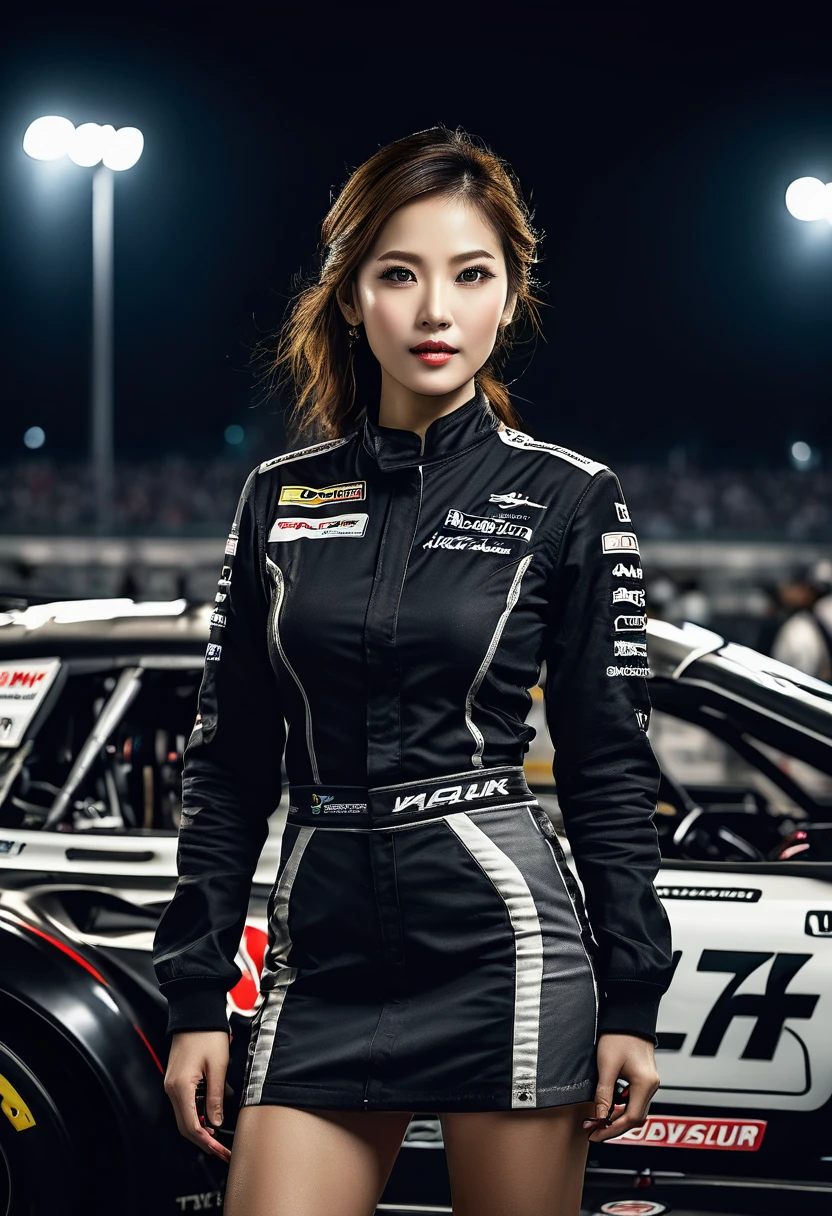 Japanese race queens stand proudly on the circuit in smart and stylish outfits based on black. She is dressed in a black short top, mini skirt, high socks, and boots. She exudes sophistication as she poses elegantly next to the race car. Her expression is lively and attractive. The background is filled with the bustle of a nighttime circuit, with race cars and cheering fans adding to the dynamic scene, intricate detail Highly Detailed Eyes, Faded, 16K resolution, RAW, Nikon Z9, Creative, Masterpiece, Fantasy, High Definition, High Quality, 8k, Realistic, Dramatic Lighting, Soft Focus, Digital Illustration, Intricate Mechanics, Advanced Techniques, Dark Background Cinematic, High Contrast, High Contrast Atmosphere, (Best Quality, 4k, 8k, High Definition, Masterpiece: 1. 2), Ultra-Detailed, (Realistic, Graphic, Photorealistic: 1. 4) -- No Glass --AR 16:9 --Stylize 1000