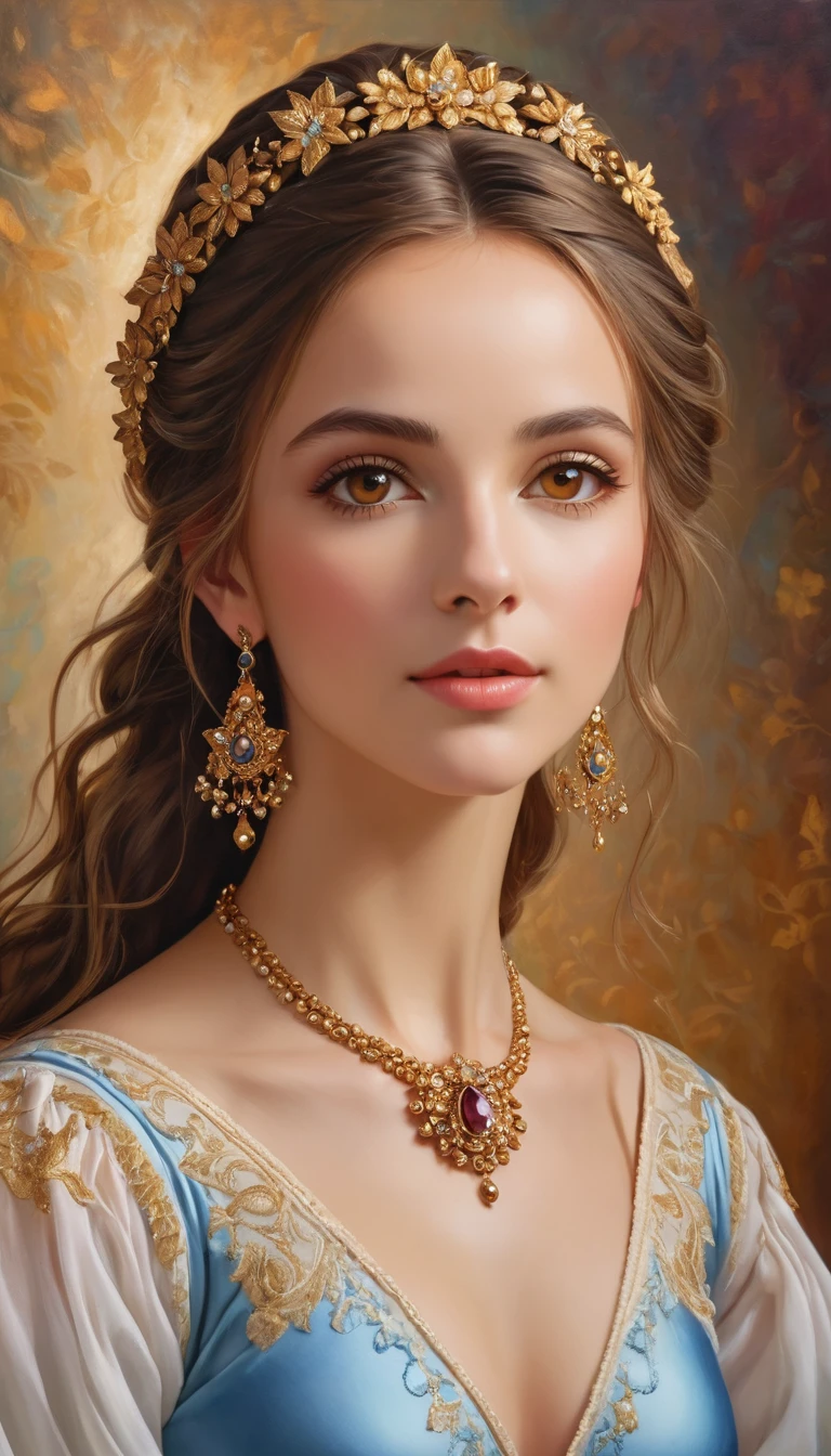 (High resolution,masterpiece:1.2),(Realistic:1.37)"(Highest quality, High resolution, Very detailed, Realistic),Portrait of a beautiful Ukrainian ballet dancer from the 19th century, (She is half Ukrainian and half Kenyan., She is a beautiful woman with deep brown eyes and a high nose.:1.1), Exquisite ballet costumes, Detailed facial features, Long and graceful neck, Flowing locks of hair, Calm and elegant posture, Soft and delicate lighting, Classical Oil Painting Medium, Vibrant colors, Delicate background with star motif", Dreamy atmosphere, Surrealism,Mysterious Aura