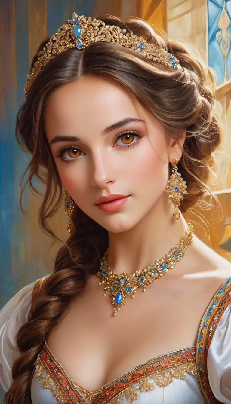 (High resolution,masterpiece:1.2),(Realistic:1.37)"(Highest quality, High resolution, Very detailed, Realistic),Portrait of a beautiful Ukrainian ballet dancer from the 19th century, (She is half Ukrainian and half Kenyan., She is a beautiful woman with deep brown eyes and a high nose.:1.1), Exquisite ballet costumes, Detailed facial features, Long and graceful neck, Flowing locks of hair, Calm and elegant posture, Soft and delicate lighting, Classical Oil Painting Medium, Vibrant colors, Delicate background with star motif", Dreamy atmosphere, Surrealism,Mysterious Aura