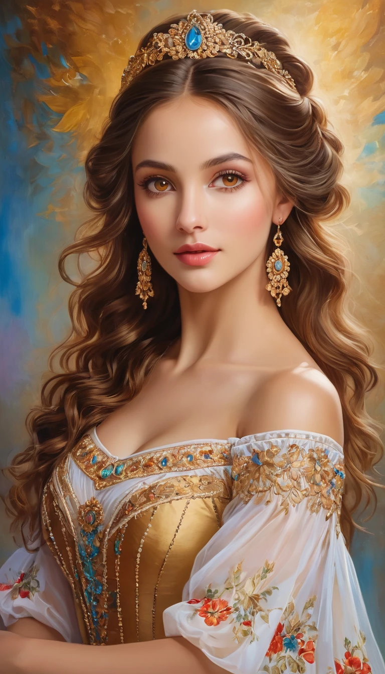 (High resolution,masterpiece:1.2),(Realistic:1.37)"(Highest quality, High resolution, Very detailed, Realistic),Portrait of a beautiful Ukrainian ballet dancer from the 19th century, (She is half Ukrainian and half Kenyan., She is a beautiful woman with deep brown eyes and a high nose.:1.1), Exquisite ballet costumes, Detailed facial features, Long and graceful neck, Flowing locks of hair, Calm and elegant posture, Soft and delicate lighting, Classical Oil Painting Medium, Vibrant colors, Delicate background with star motif", Dreamy atmosphere, Surrealism,Mysterious Aura