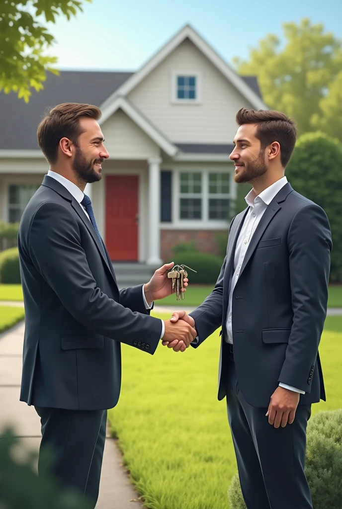 A man is seen handing over house keys to another man, symbolizing the sale of the house. The background shows a modest house with a well-kept yard.