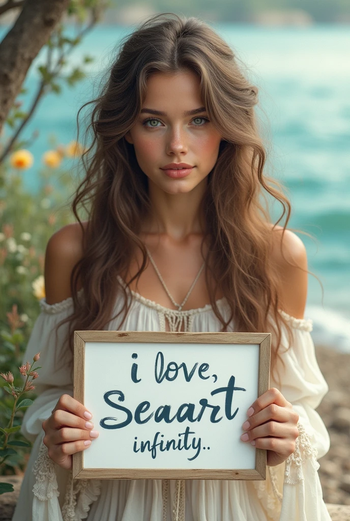 Beautiful girl with wavy long hair, bohemian dress, holding a white board with text "I Love Seaart Infinity" and showing it to the viewer