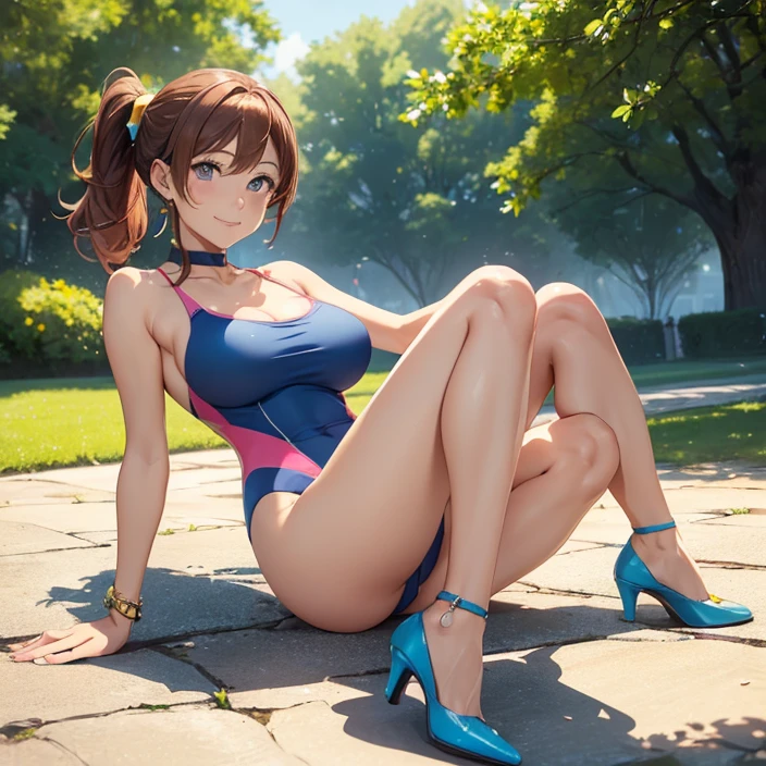 (Masterpiece), (HD), (High Resolution), (Best quality and very detailed), (Perfect Anatomy), (Fantasy Genre), (Anime style), (Highest resolution and Quality), (character alone, solo)
{{(1character:60years old lady milf citizen:(messy red-brown hair tied in a medium messed ponytail, fair skin, blue eyes, sweet open smile, happy carefree expression, Big breasts, nice figure, Beauty mature feminity, beautiful arms, beautiful legs, delicated features),((blue yellow and pink one-piece swimsuit), (yellow heeled shoes) yellow ribbon in the hair holding tje messed-ponytail),(gentle posture, sweet cheerful demeanor, feeling clumsy, sweetness and love, showing her butt with erotic movements),(morning at central park, United States city, summer season, central para New York))}}