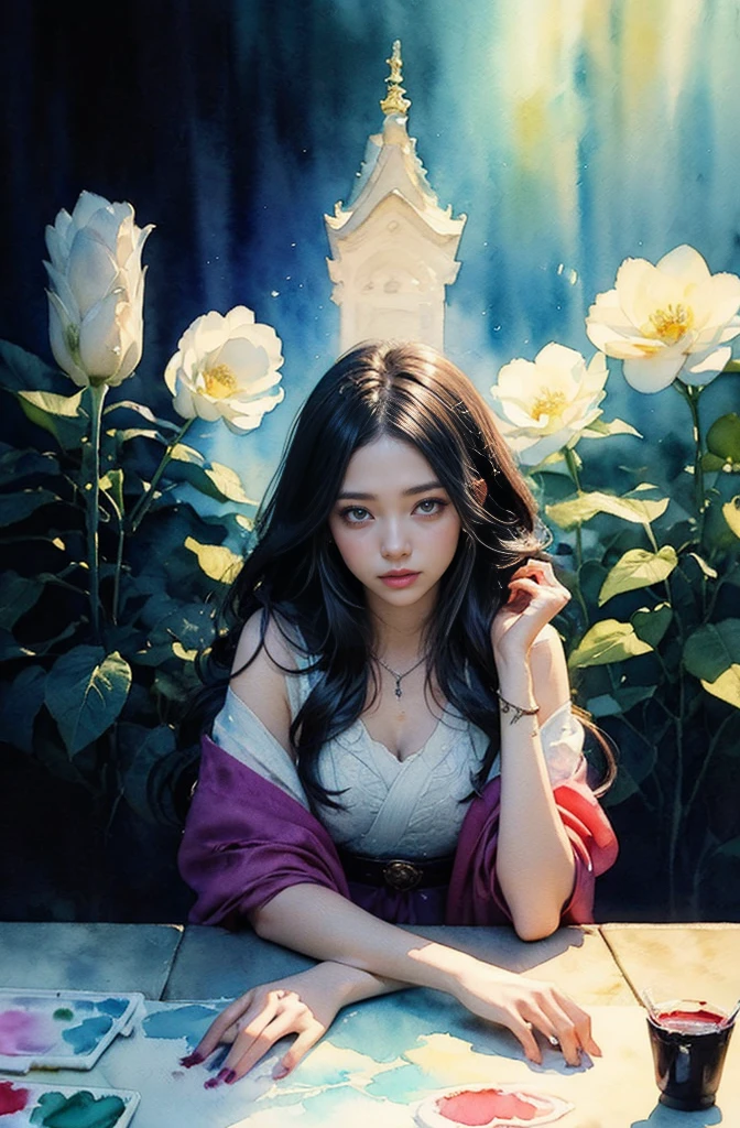 (Tabletop, Highest qualityの, Highest quality, Official Art, (beautifully、aesthetic:1.4), (Watercolor:1.4) ), (Izanami 1.5), 日本のgod話の女god, Majestic beauty, 創造の女god、生命の女god、Typically、((((Typically))))、Reincarnation Support, god&#39;Grace, Gentle and meditative expressions, Flowing, celestial garments, Shine、Created all the landscapes and worlds on Earth, A dazzling dance of light, Whispers of Ancient Legends，Hands below chest level，The hair is a little shorter