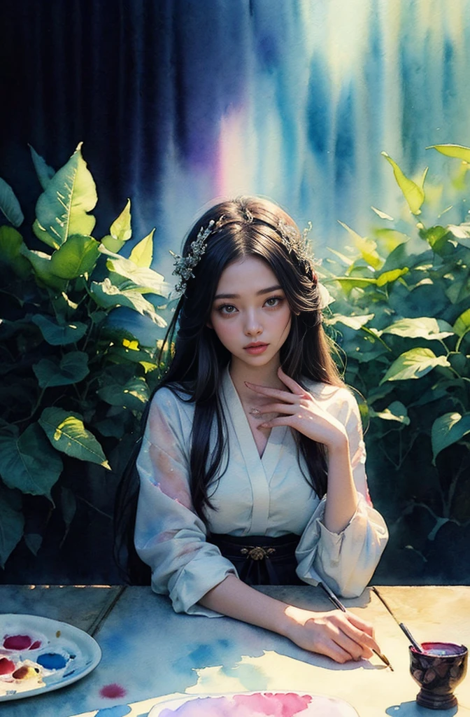 (Tabletop, Highest qualityの, Highest quality, Official Art, (beautifully、aesthetic:1.4), (Watercolor:1.4) ), (Izanami 1.5), 日本のgod話の女god, Majestic beauty, 創造の女god、生命の女god、Typically、((((Typically))))、Reincarnation Support, god'Grace, Gentle and meditative expressions, Flowing, celestial garments, Shine、Created all the landscapes and worlds on Earth, A dazzling dance of light, Whispers of Ancient Legends,Hands below chest level,The hair is a little shorter