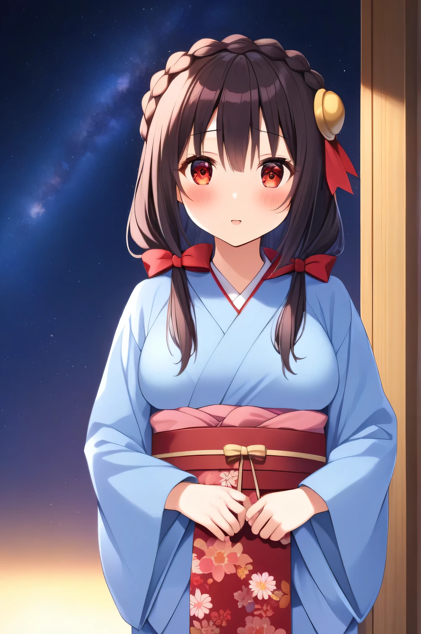 alone, One Girl、A crown braid the color of her hair, hair ornaments, Hair Ribbon,(Pale blue kimono with red floral pattern and red obi.)、Red eyes、Black Hair、(blush:1.5)、My breasts are a little large、Starry Sky、The eyes shine red、Eyes glow red