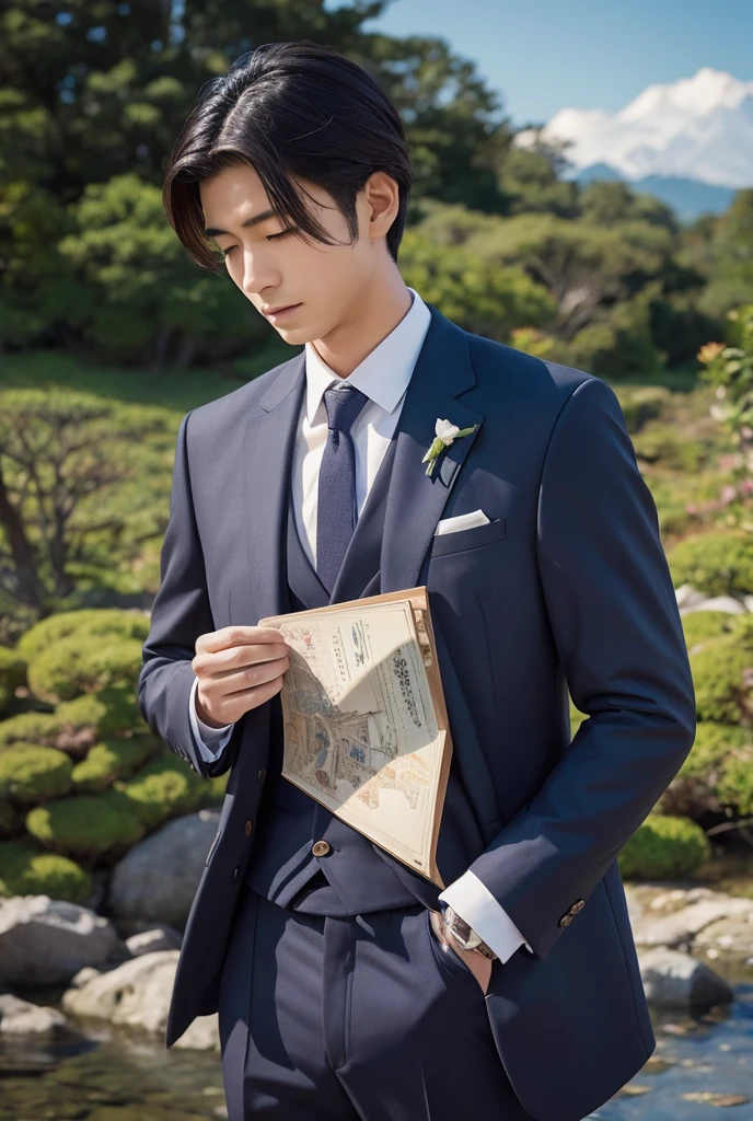 Japanese,male,An illustration,Wearing a suit,From the chest up,Blur the background,Landscape