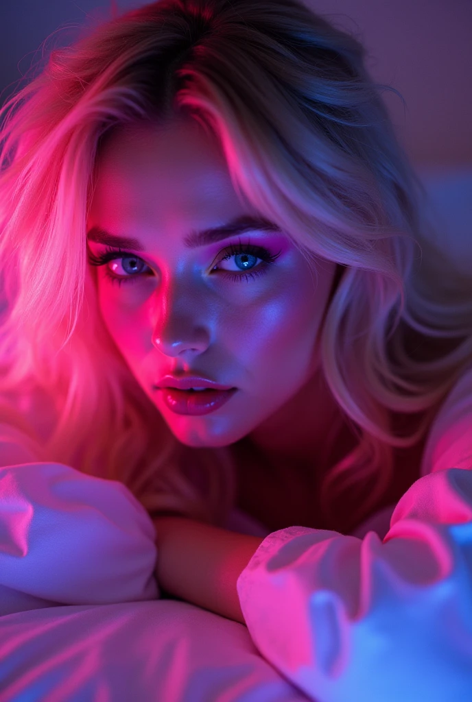 blond woman with blue eyes and pink makeup posing in bed, glowing pink face, soft portrait shot 8 k, glowing magenta face, glowing with colored light, sexy girl with green eyes, glowwave girl portrait, magenta lighting. fantasy, glowing neon skin, color photograph portrait 4k, 8 k sensual lighting, glowing pink eyes, sexy face with full makeup. Best quality hair