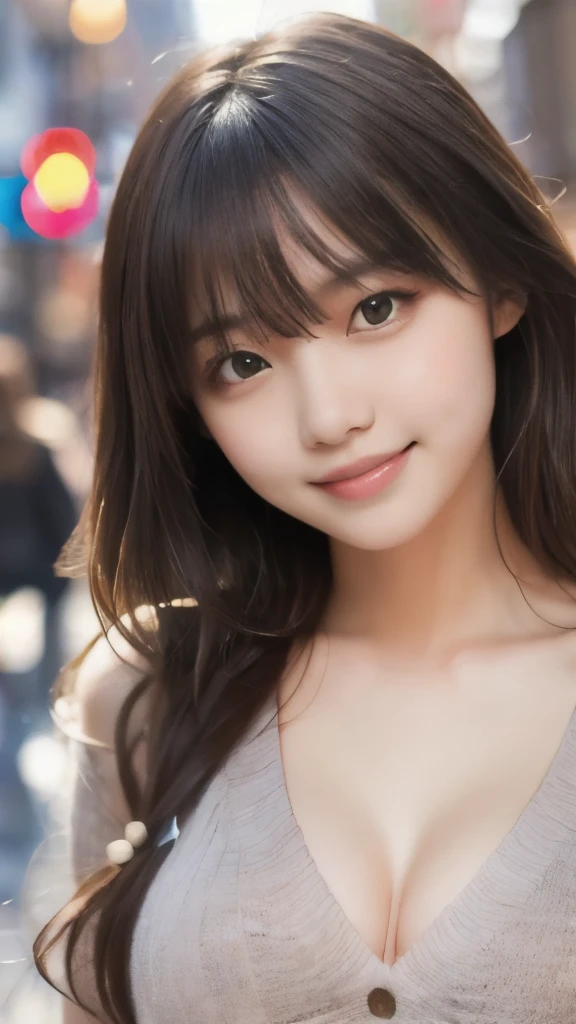 8k, best quality, masterpiece:1.2, realistic, photo-realistic:1.37, ultra-high resolution, 1 female college student, smiling, beautiful eyes, beautiful teeth, street, cute casual clothes, large breasts, perfect body, perfect fingers, professional lighting, gravure, extremely detailed face and skin, fine details, raw photo