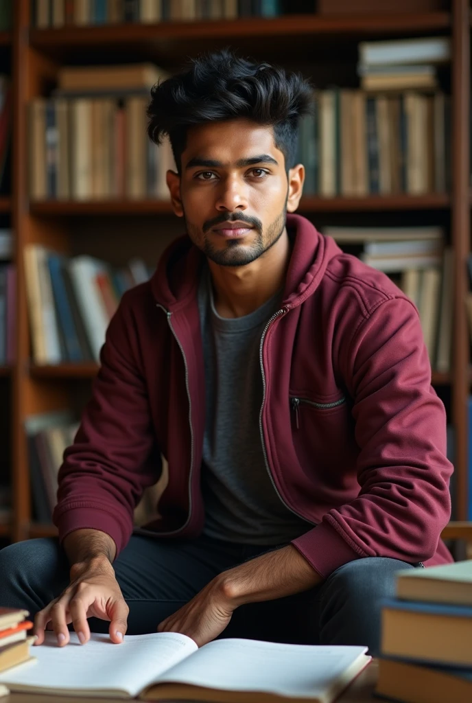 A Men of 20 year old with good physique and wheatish color of Indian style in mehroon jacket and Black denim jeans studying on table with some books and front facing for giving pose for photo and also his face is of round shape and and little bit chubby