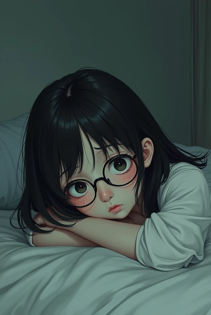 A young girl with long hair, glasses, fair skin is lying on the bed crying.