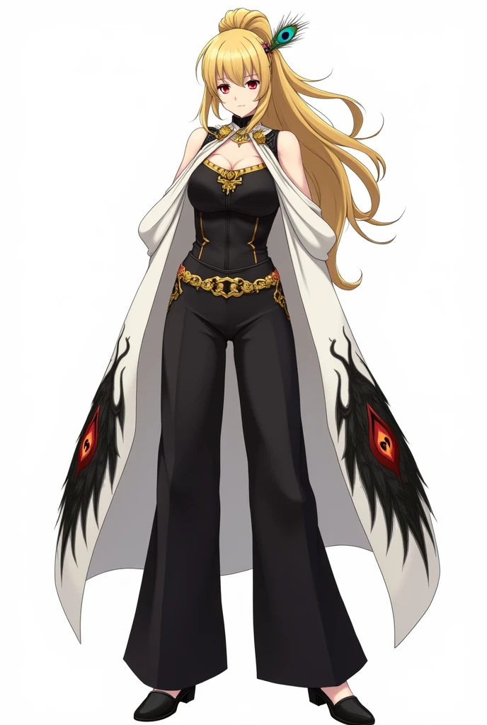 draw in anime style in full growth on a white background: a tall woman with blond hair, bangs in 2 sides, and a high ponytail. She wears a black tank top with gold detailing, and on top of the tank top is a white long cape with wide sleeves with black, white and red peacock feather detailing. She is also wearing black wide pants and black shoes. She also has a hairpin with a black, white and red peacock feather on her head. Her eyes are red and not big. She also has gold accessories on her head. Make her expression serious or in a dynamic pose