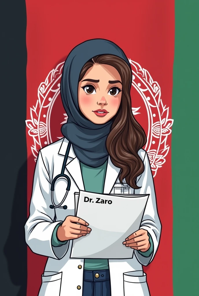 Create a cartoon of Dr muslim gril with long hair and hijab and age 26 with Afghanistan flag background and write Dr Zaro in her cout and she is during the note checking.