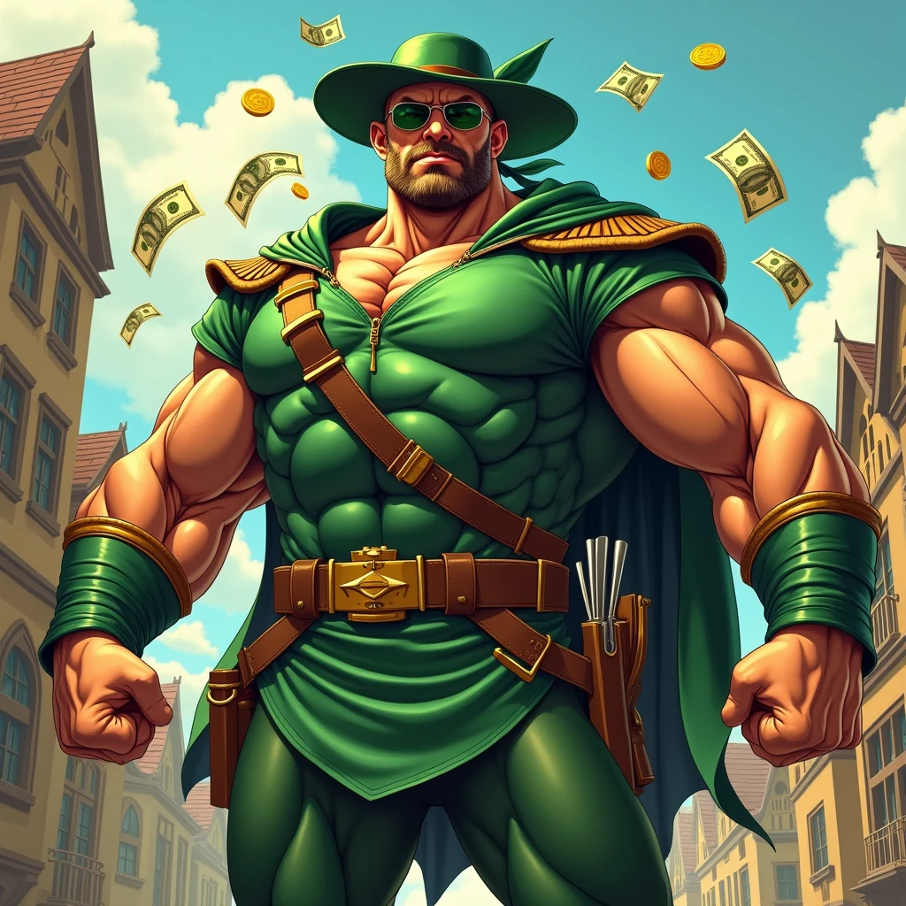 a very strong bodybuilder man, robin hood dress, with the green clothes and green hat characteristic of Robin Hood, muscular, tan muscular que se ven las venas de su cuello, He has his hand extended forward throwing gold coins and dollars forward. .in the background a village with poor medieval houses. The pose is an exaggerated comic or superhero type pose.. 