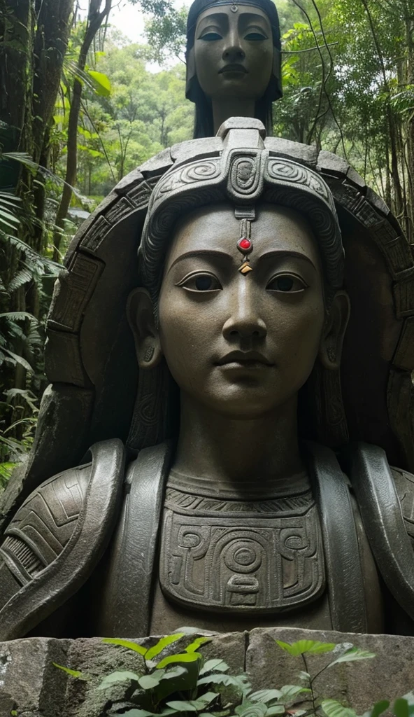 there is a large stone statue in the middle of a forest, stone eyes, unreal maya, cinematic imax footage, by Jang Seung-eop, Inca style, cybertronic Hindu temple, face close-up, playstation 3, autodesk, marvel movie still, tombs