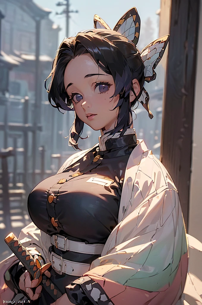 ((((High resolution, Intricate details, masterpiece, 8k, from front)))), (((beautiful, samurai, armor))), ((In the town, One Woman, Big Breasts, Large Breasts, Huge Saggy Tits)), (Black Hair, Beautiful forehead, Long Hair, ponytail, Big ribbon, Glowing Skin), from front, looking at viewer, look at viewer, pub, bright,