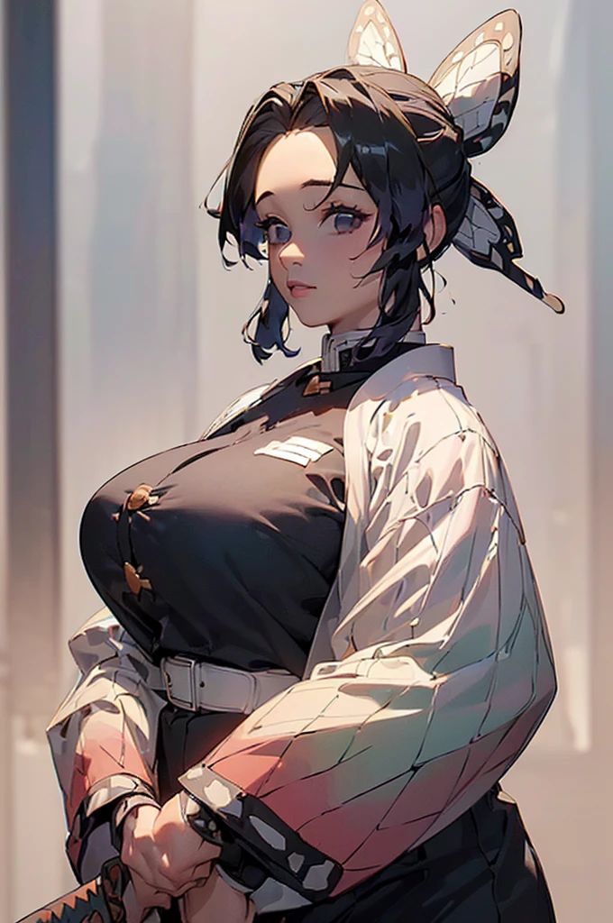 ((((High resolution, Intricate details, masterpiece, 8k, from front)))), (((beautiful, samurai, armor))), ((In the town, One Woman, Big Breasts, Large Breasts, Huge Saggy Tits)), (Black Hair, Beautiful forehead, Long Hair, ponytail, Big ribbon, Glowing Skin), from front, looking at viewer, look at viewer, pub, bright,
