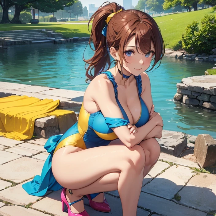 (Masterpiece), (HD), (High Resolution), (Best quality and very detailed), (Perfect Anatomy), (Fantasy Genre), (Anime style), (Highest resolution and Quality), (character alone, solo)
{{(1character:60years old lady milf citizen:(messy red-brown hair tied in a medium messed ponytail, fair skin, blue eyes, sweet open smile, happy carefree expression, Big breasts, nice figure, Beauty mature feminity, beautiful arms, beautiful legs, delicated features),((blue yellow and pink one-piece swimsuit), (yellow heeled shoes) yellow ribbon in the hair holding tje messed-ponytail),(gentle posture, sweet cheerful demeanor, feeling clumsy, sweetness and love, showing her butt with erotic movements),(morning at central park, United States city, summer season, central para New York))}}