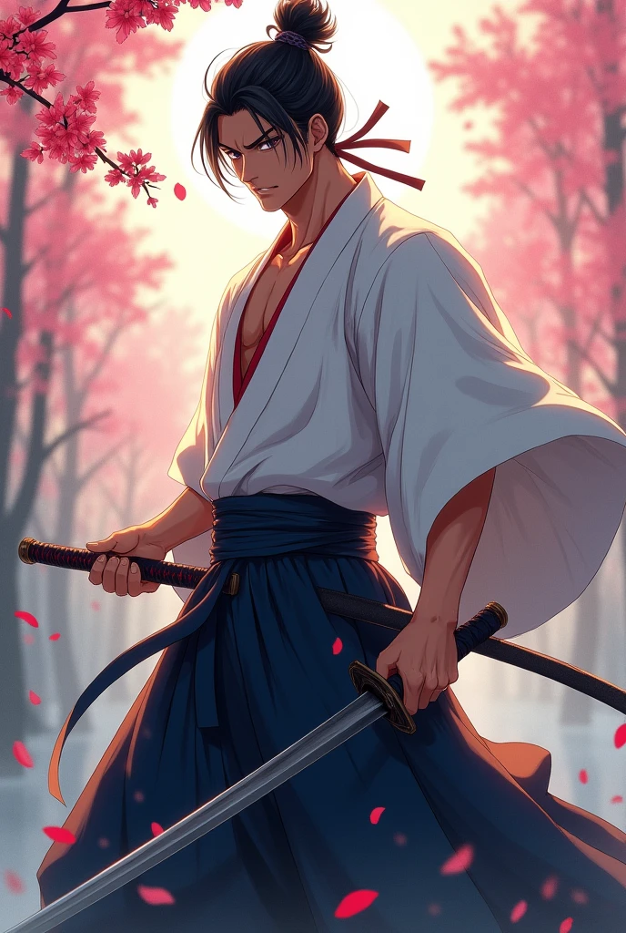 Create a handsome samurai wearing a hakama in an anime style