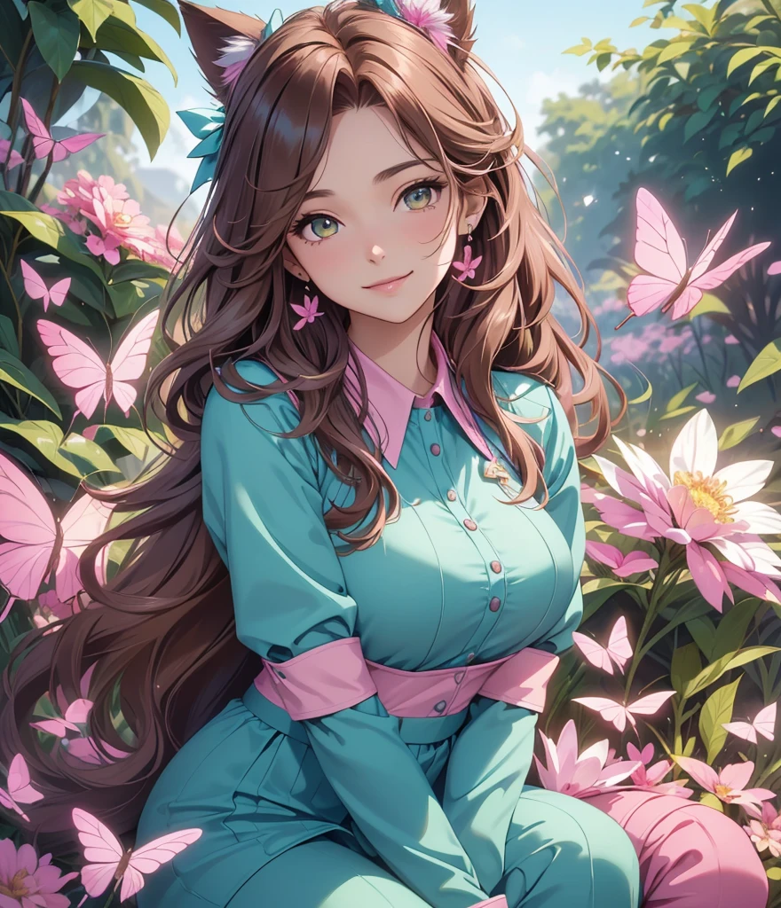 (best quality,4k,8k,highres,masterpiece:1.2),ultra-detailed,(realistic,photorealistic,photo-realistic:1.37),acrylic painting,beautiful Brazilian model in a uniform outfit with downy hair,beautiful Brazilian model with extremely colorful brown hair and detailed facial features,beautiful Brazilian model standing in a beautiful garden sakura flowers, long hair,cat ears, hair bows, teal and pink uniform outfits, smile, happy face,light  brown  hair,butterflies, brown eyes,  mature woman, older woman, 30 year old, adult woman. Older lady, posing,Solo, teal and pink butterflies, sitting