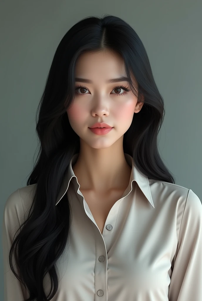WESTERN WOMAN WITH LONG STRAIGHT BLACK HAIR WEARING A LIGHT SHIRT COVERING HER NECK AND SHOULDERS. SHE IS FACING FORWARD WITH HER HEAD STRAIGHT AND IS NOT SMILING BECAUSE SHE IS A BUSINESSWOMAN.