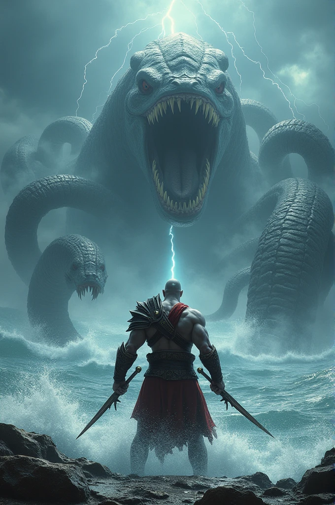 Show me Kratos from God of War fighting thousands of sea leviathans in the middle of the ocean