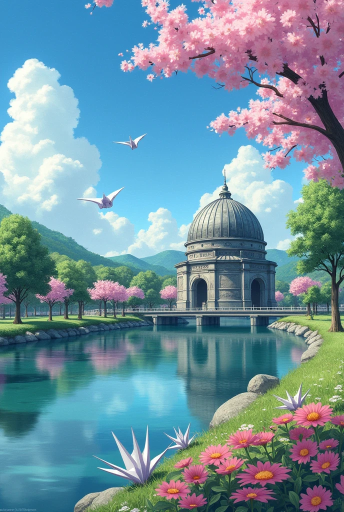 A landscape depicting Hiroshima's Peace Memorial Park and the Atomic Bomb Dome。The Atomic Bomb Dome stands beside a calm river、It stands as if quietly speaking of historical memories.。Lush trees in the park々and beautiful flowers々is in full bloom、The cranes are on display as a prayer for peace.。The bell of peace rings in the distance、Nearby is、The street lined with okonomiyaki restaurants, a symbol of Hiroshima, is also depicted.、The Hiroshima landscape unfolds before your eyes, where history and modern culture coexist.。