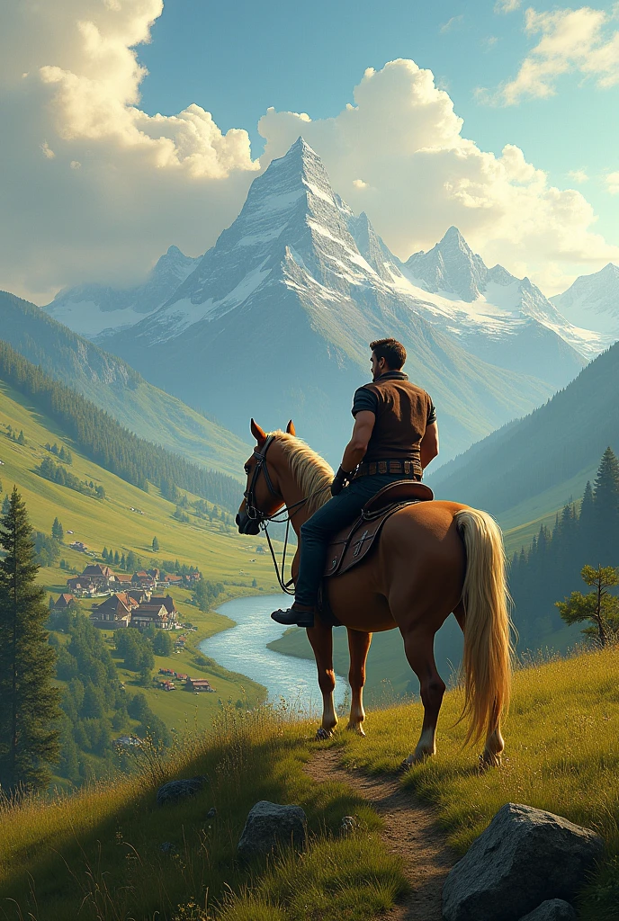 Man sitting on Horse make a landscape look beautiful and the horse is looking to village from mountain