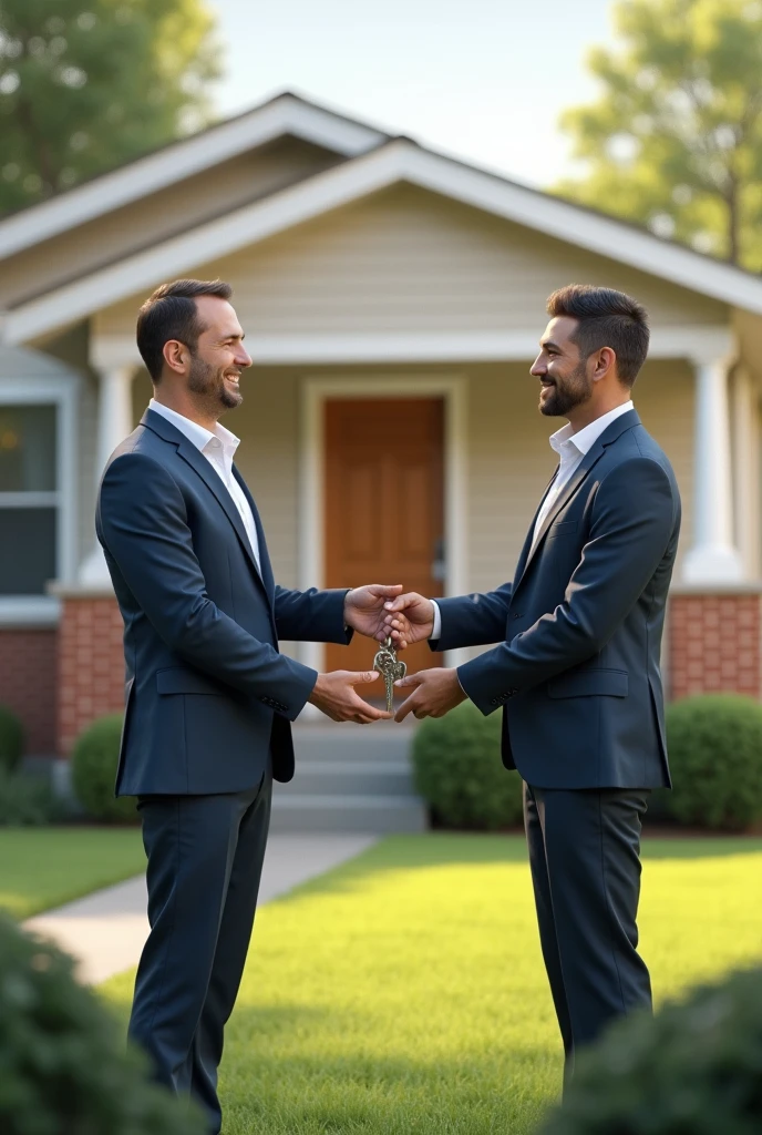 A man is seen handing over house keys to another man, symbolizing the sale of the house. The background shows a modest house with a well-kept yard.