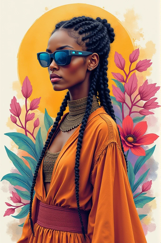 "Full body, water colors, ink drawing, beautiful cyberpunk Sudanese woman, wearing smart digital sunglasses, clean defined delicate features, stylish bohemian top and long skirt, colorful floral background, in the style of Albaso braids 