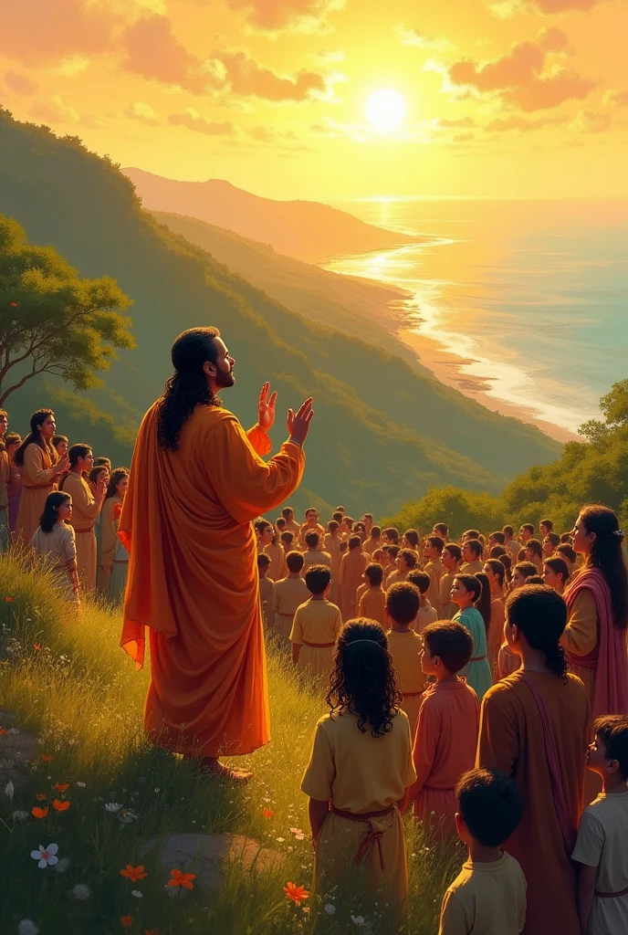 a very loose sketchy sketch, done in the style of Karl Kopinski, aerial view of the scene of A serene yet powerful moment on a hill,ganesh delivering the Sermon on the Mount to a diverse crowd. The sun is setting, casting a warm golden light over a sea of listeners—men, women, and children of various ages and ethnicities. Gagesh in simple robes, stands at the center, radiating a calm and compassionate presence, his hands gently raised as he speaks. The background shows a lush landscape with a fe