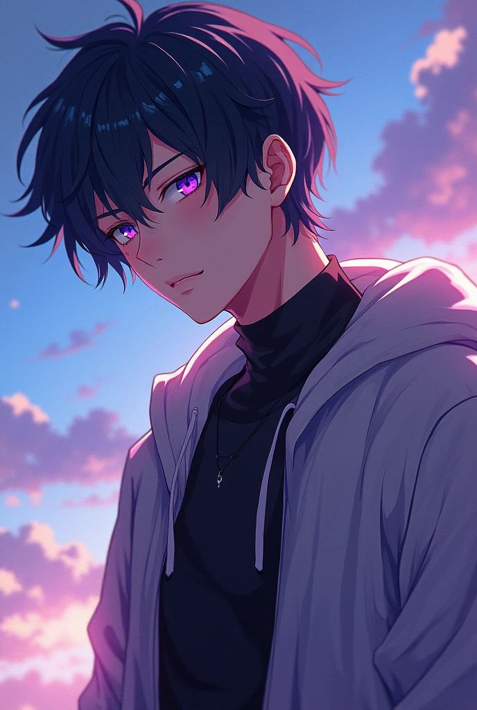 Anime style teenager with slightly long and disheveled hair, falling on your forehead naturally. His face has fine and harmonious features, with eyes of a vibrant and mesmerizing purple, that capture anyone&#39;s attention. His body is athletic, well-defined, with subtle muscles that highlight his strength and agility without exaggeration (Tokyo revengers)