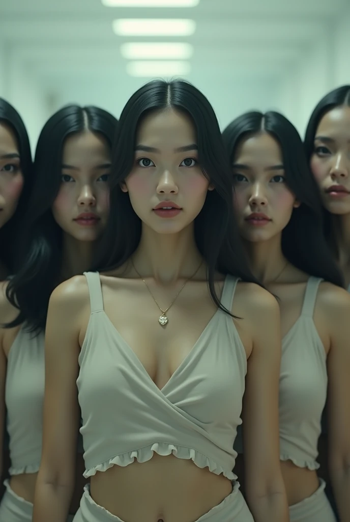 (((cloned face)))
(((similar identical twins)))
All the girls have the exact same face, The two have the same face and figure, as if they were mirror images