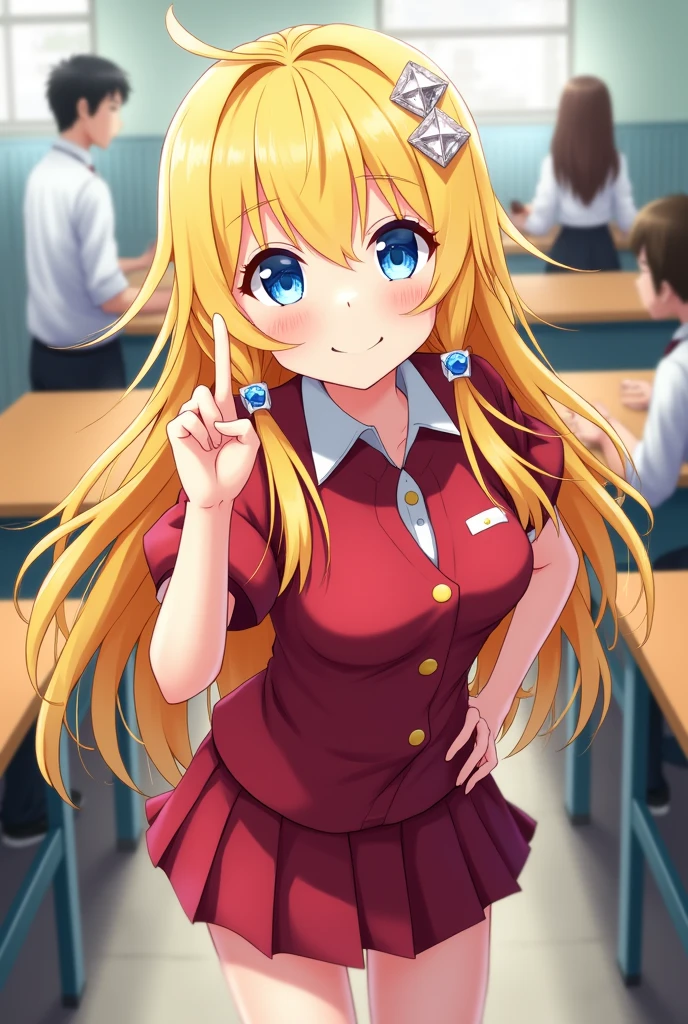 School,classroom,A Japanese girl,Mid-chest,Long yellow hair with double diamonds,  Red student uniform,Short skirt,Bright Eyes,Lively expression,One finger is worth you,One hand on waist